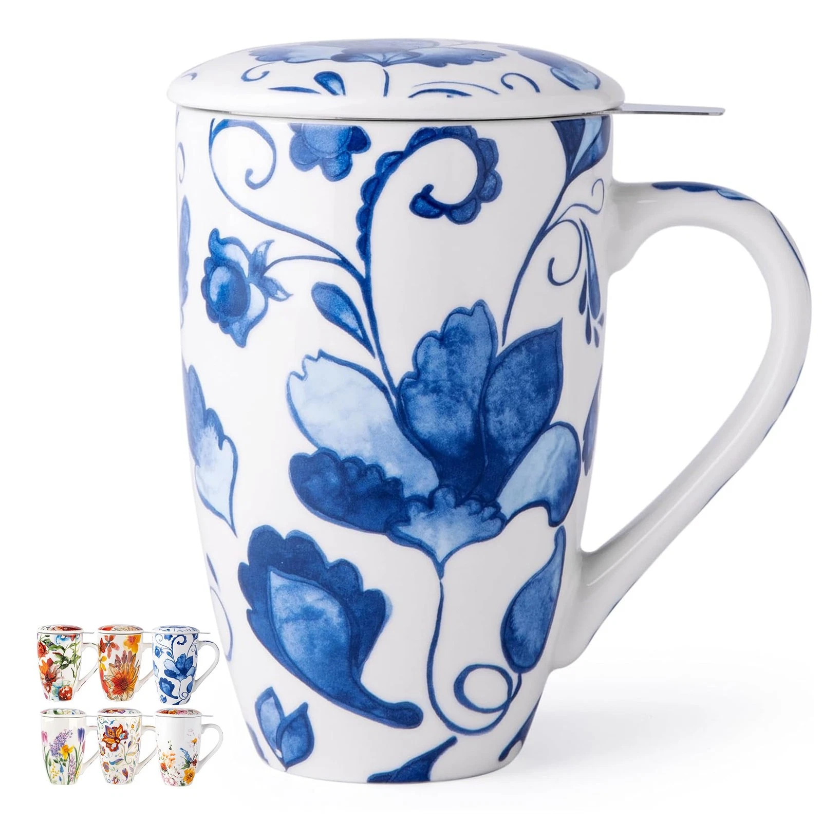 GBHOME Tea Mug with Infuser and Lid, 18 Ounce Large 18 Ounces, Blue Petal