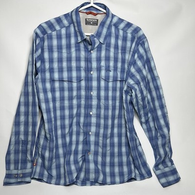 Simms Big Sky Fishing Shirt Mens Size M Long Sleeve Plaid Snaps Blue Vented