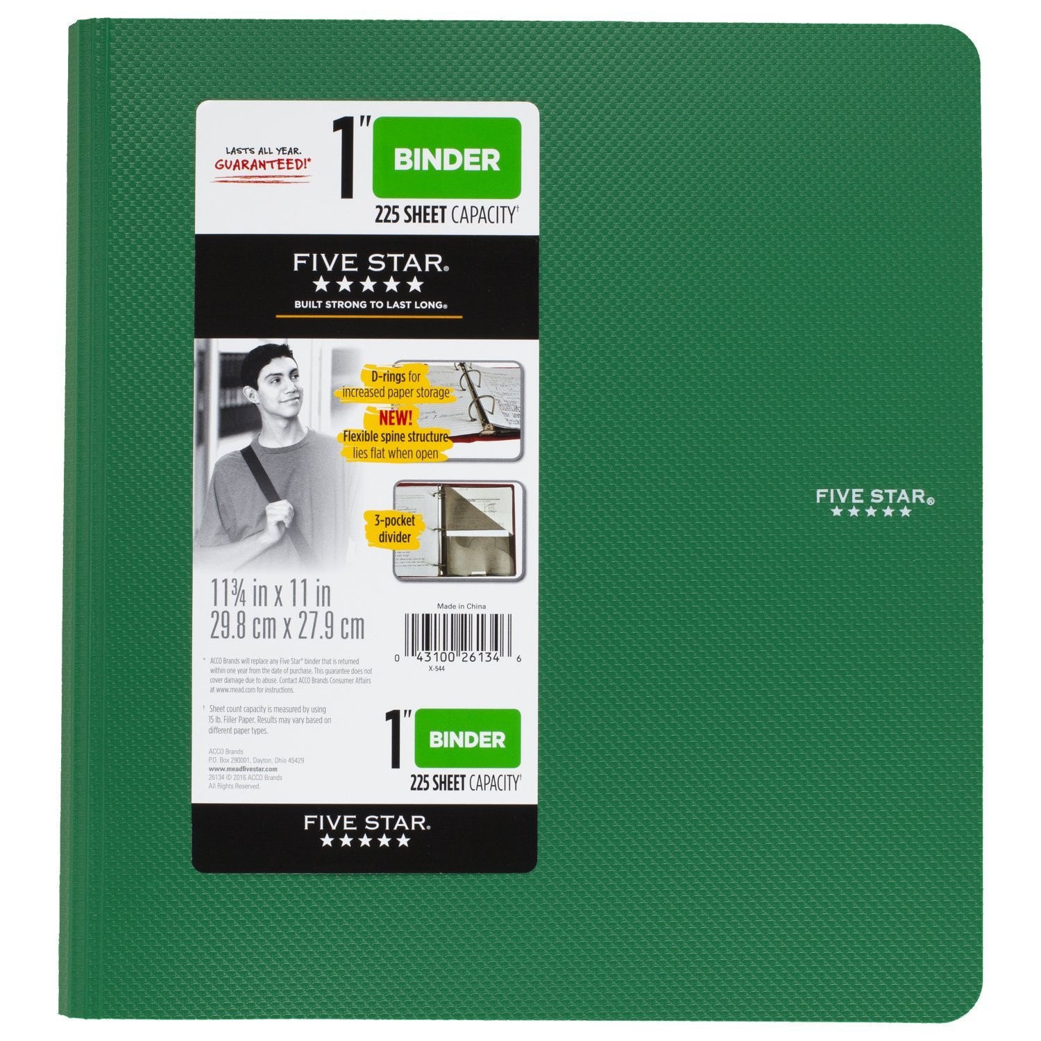 Five Star 1 Inch 3 Ring Binder, Plastic, Green (38898) 1" Ring,