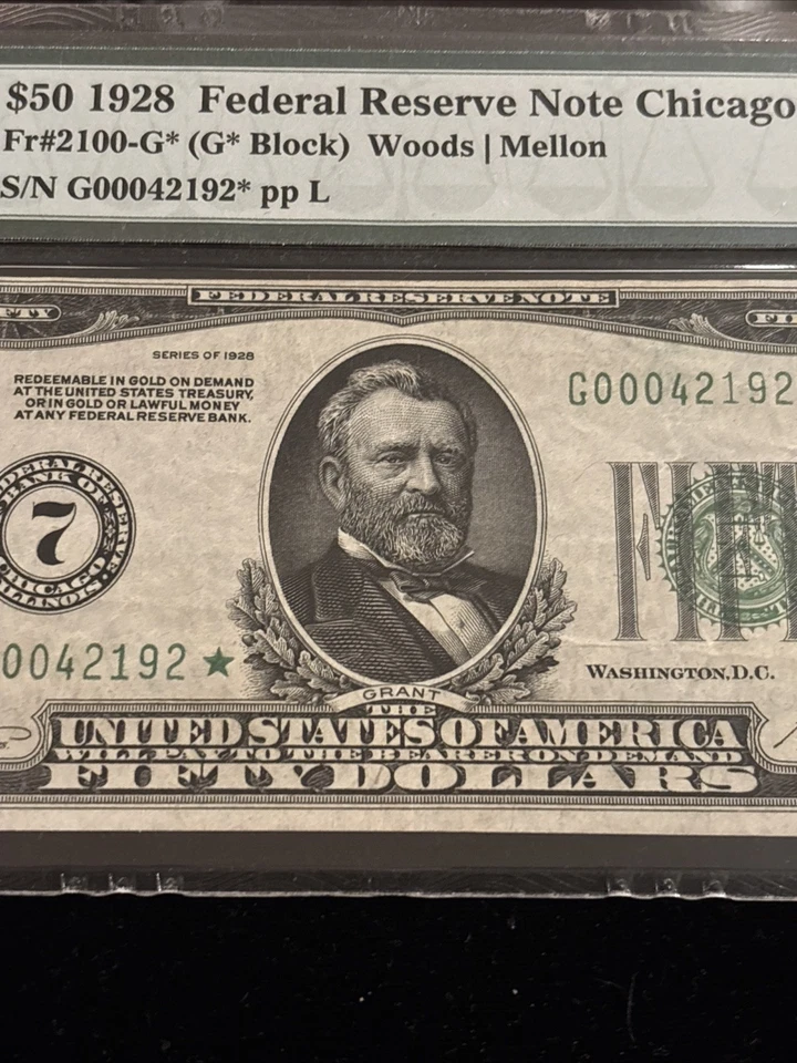 1928 $50 Star ⭐️ FRN Chicago (G*Block) STAR Fr. 2100-G* PMG 35 Tate/Mellon 7 - Image 3 of 4