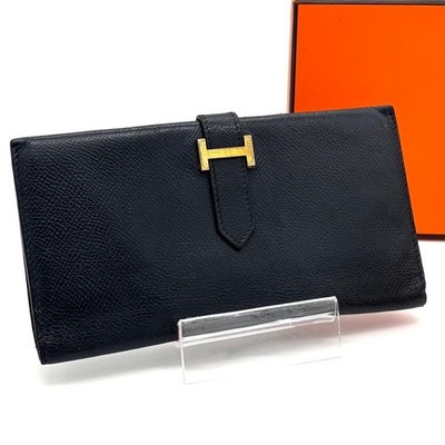 HERMES Bearn Classic Long Bifold Wallet Veau Epsom Navy Silver H Clasp Authentic