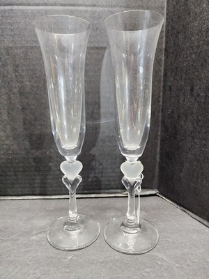 2 VTG GORHAM AMORE COLLECTION CRYSTAL CHAMPAGNE FLUTES-DOUBLE-HEART STEMS-NICE!