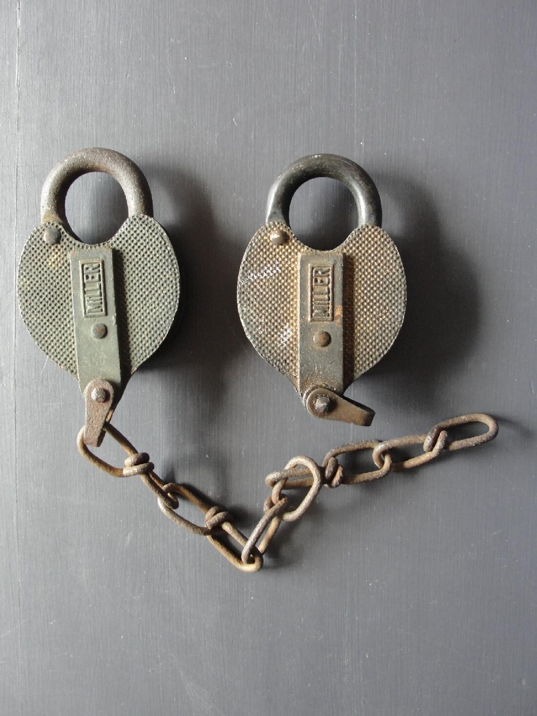 Two Antique Miller Brass Padlocks, One on Chain Obsolete with Keys | eBay
