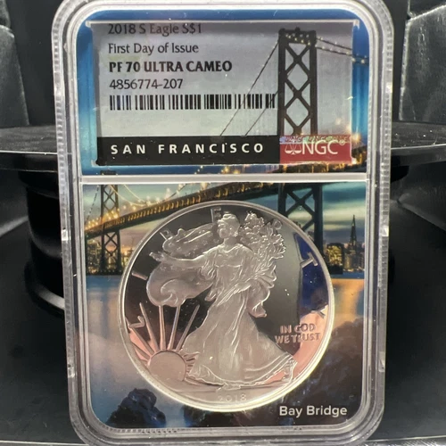 2018 S San Francisco FDOI Bay Bridge Holder NGC PF70 UC American Silver Eagle