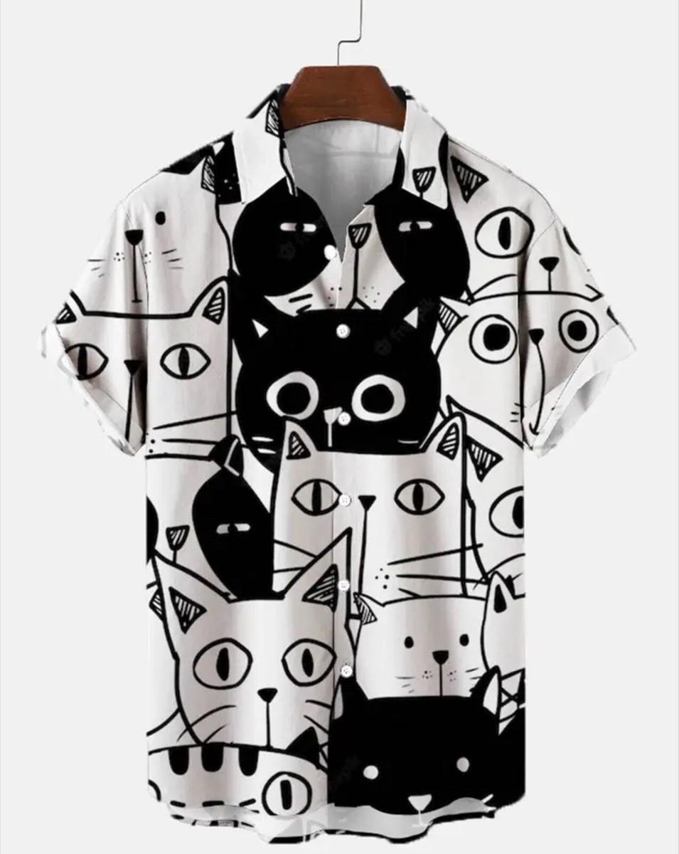 Shirt Size Large Men Cat Shirt Hawaiin 50’s Cuban Button Down Black White