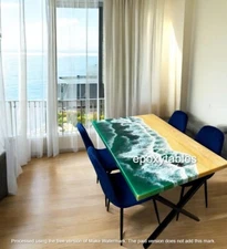 Ocean Wave Epoxy Resin Center Sofa Dining Table Top Natural Acacia Wooden Decor
