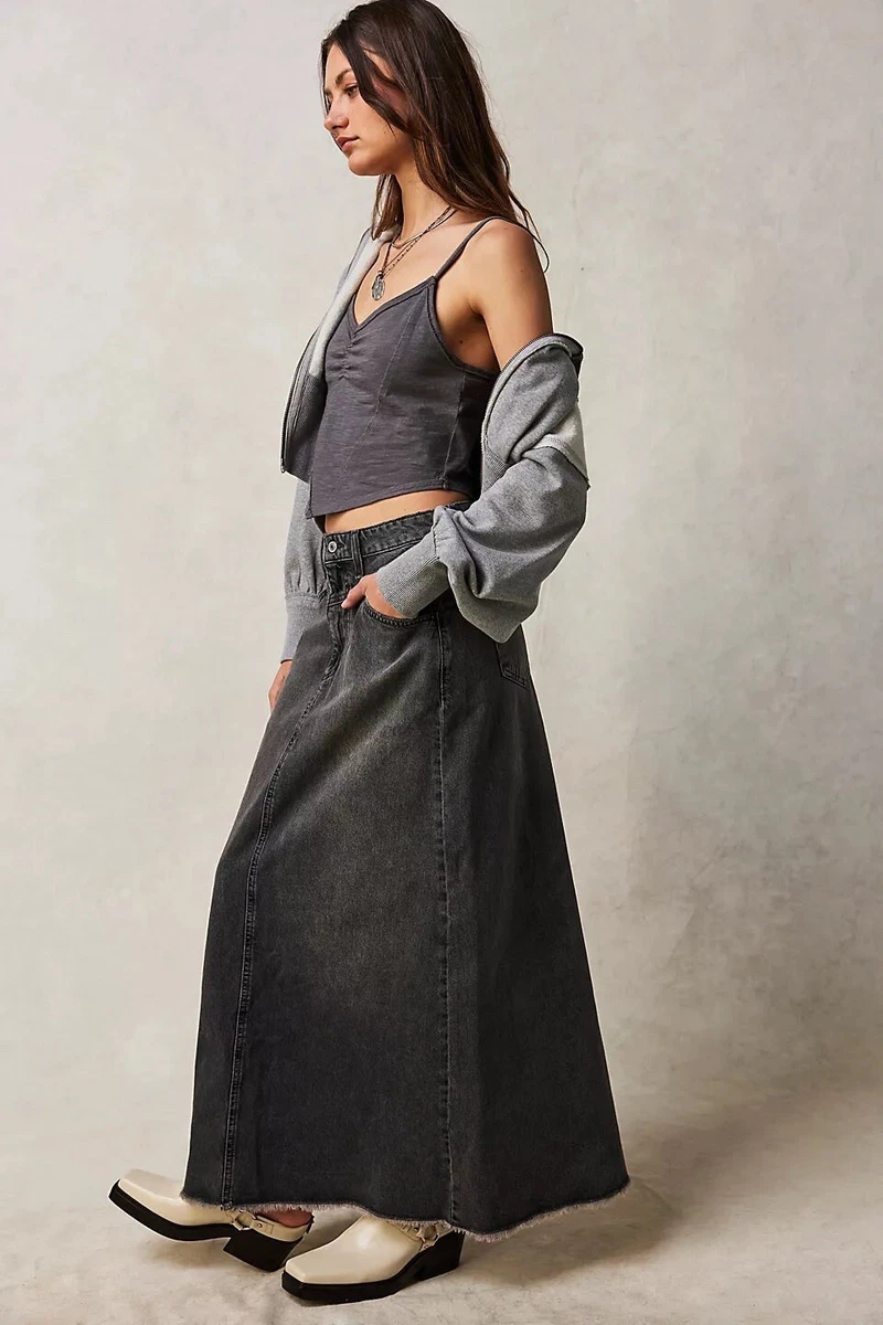 Free People Come As You Are Denim Maxi Skirt Mid Rise Cotton Size 8 Grey