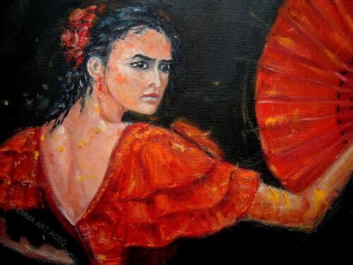 ACEO imprimé FLAMENCO ROUGE FAN robe danseuse originale BEAUX-ARTS peinture à l'huile par EMMA - Photo 1 sur 3