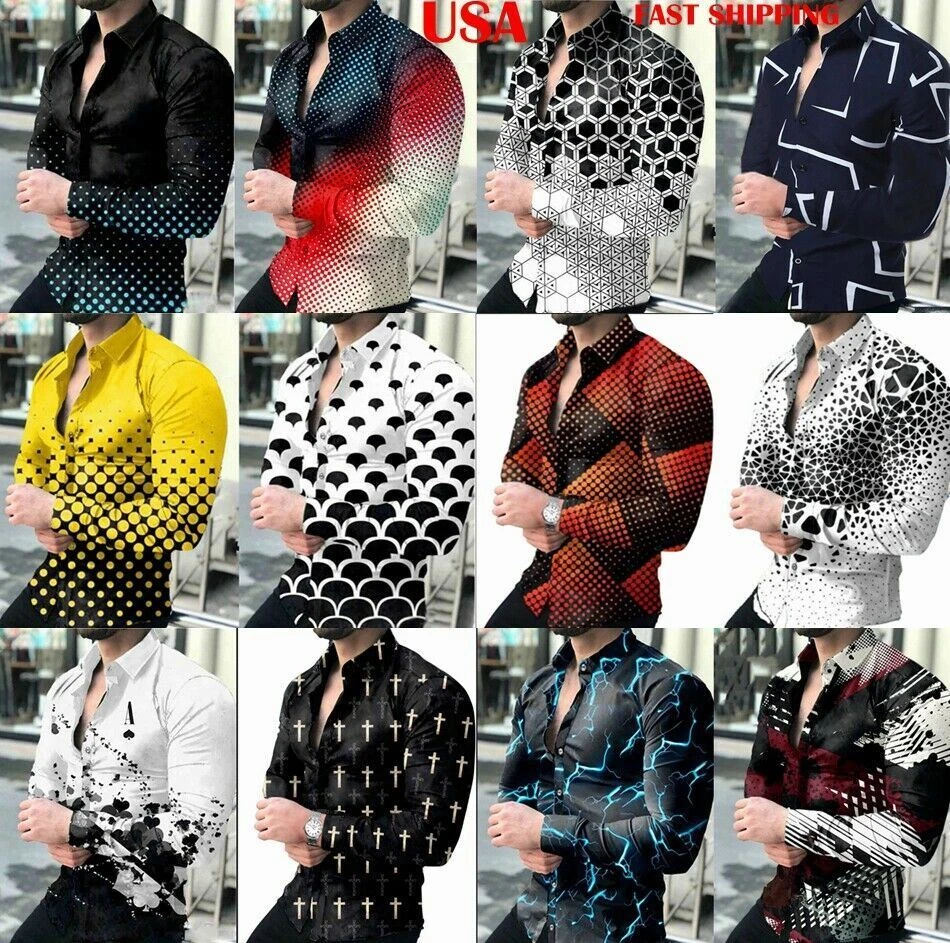 Button Down Shirt Men Gradient Fashion Casual Black Long Sleeve Party T Dress Up