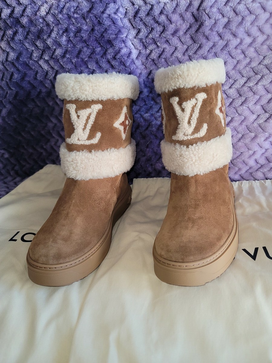 Louis VUITTON ANKLE SNOW BOOT COGNAC BROWN GIANT FLOWER MONOGRAM CANVAS 40=  10US