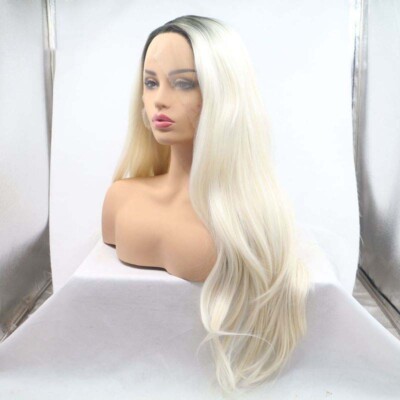 Blonde Lace Front WigsHair With Black Roots Long Wavy Heat Resistant Fiber Wigs