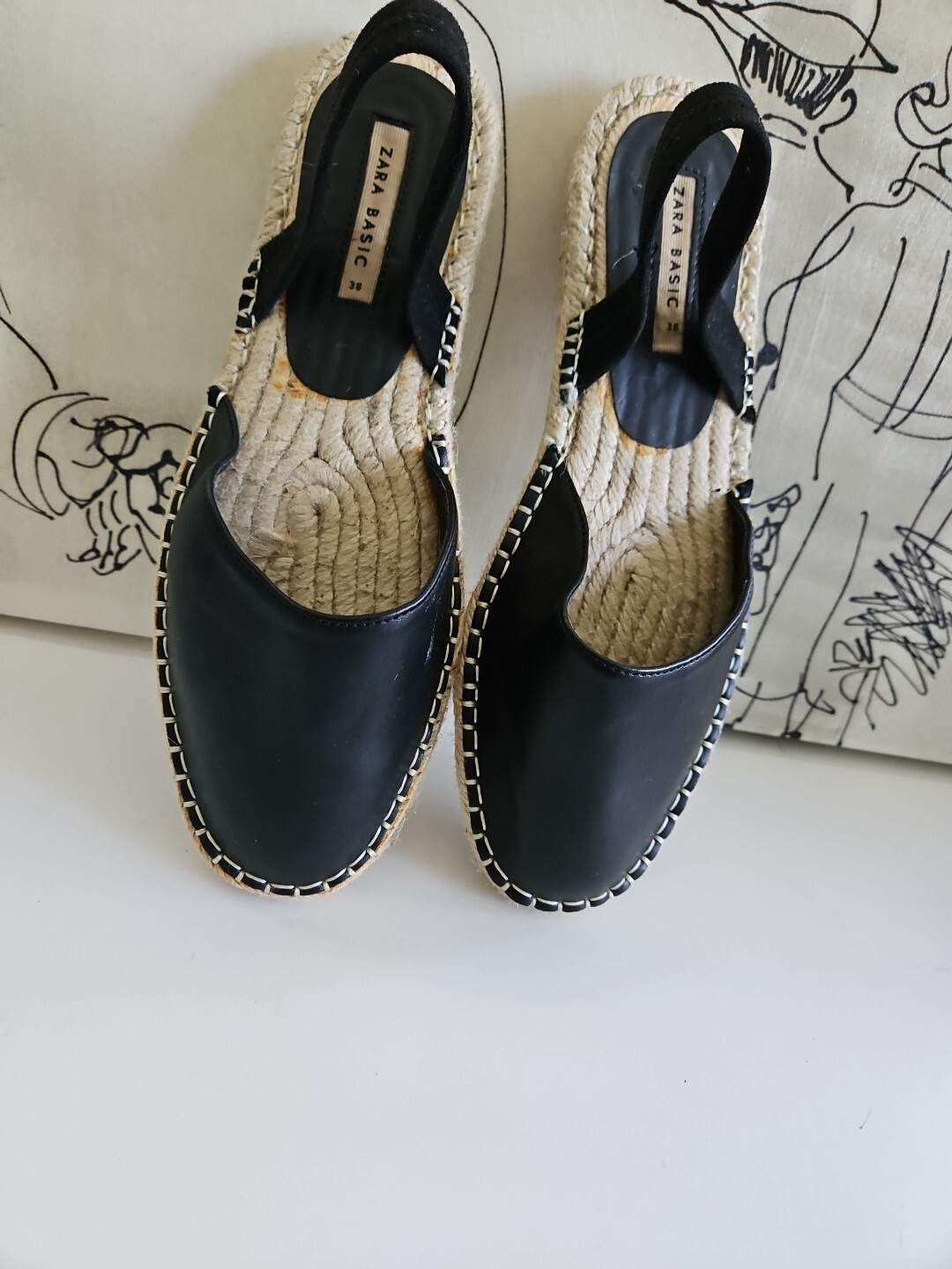 Zara Basic Black Flat Straw Woven Braided Sole El… - image 9