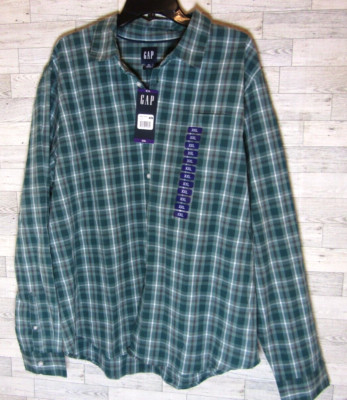 NWT Gap Men's Long Sleeve Poplin Button Up Plaid Shirt Green ~ Size XXL