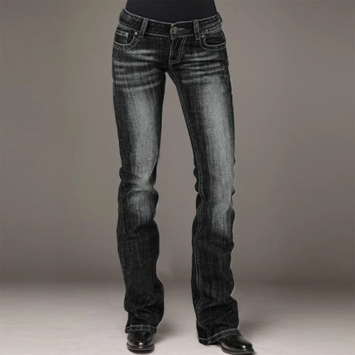 Stretch Mid Waisted Denim Pants Straight Leg Jeans Skinny Fit Denim Trousers - Picture 2 of 16