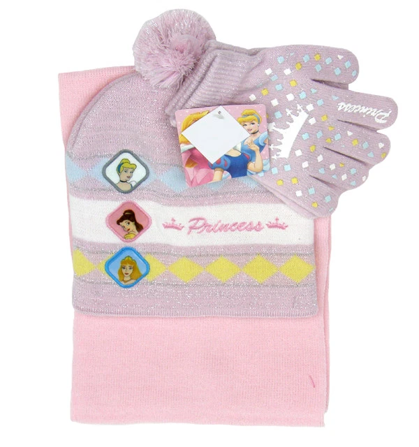 Princess Princesses Embroidered Pink Beanie Hat,Scarf, and Gloves 3 pc Set-New!
