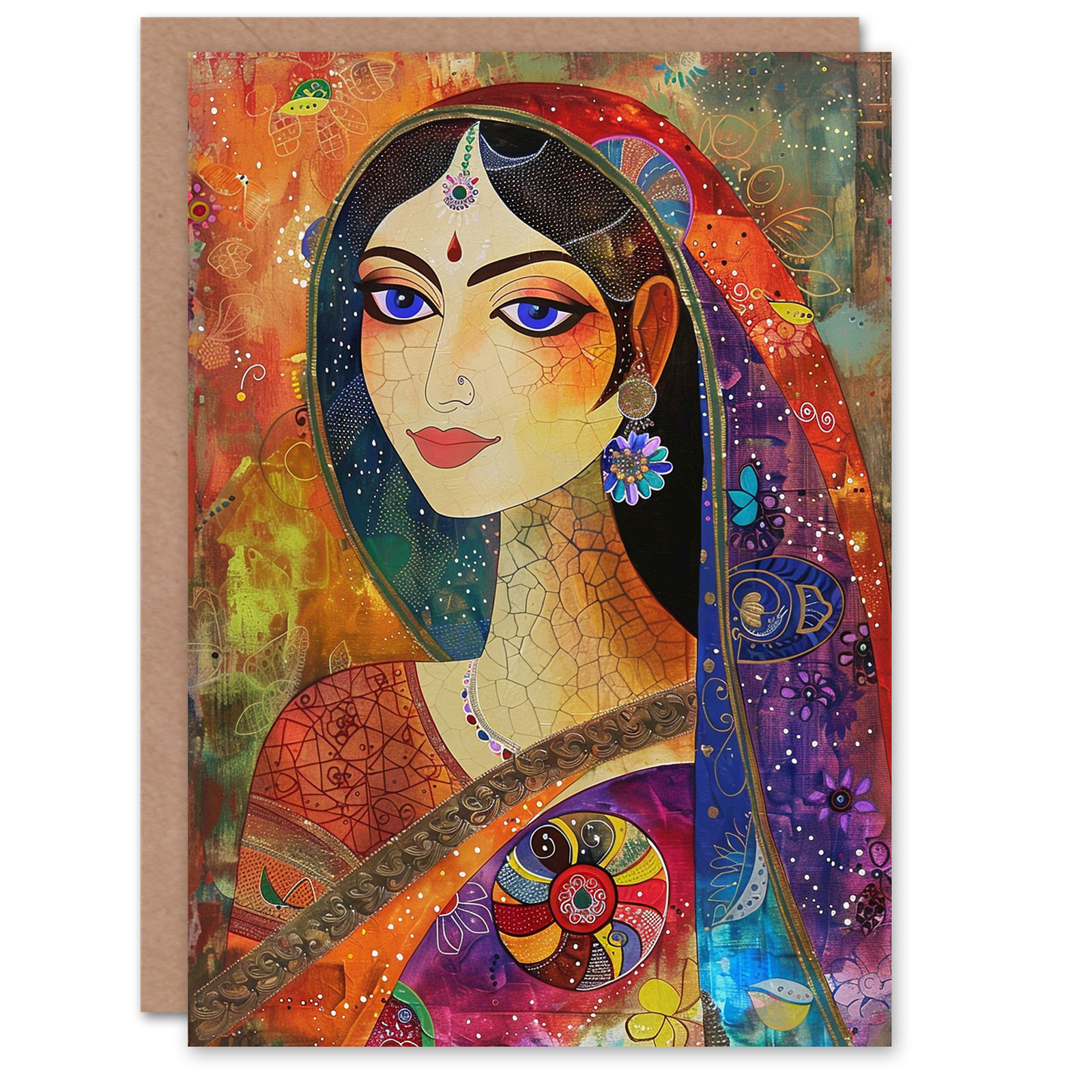 Indian Woman With Saree Colourful Folk Art Birthday Card