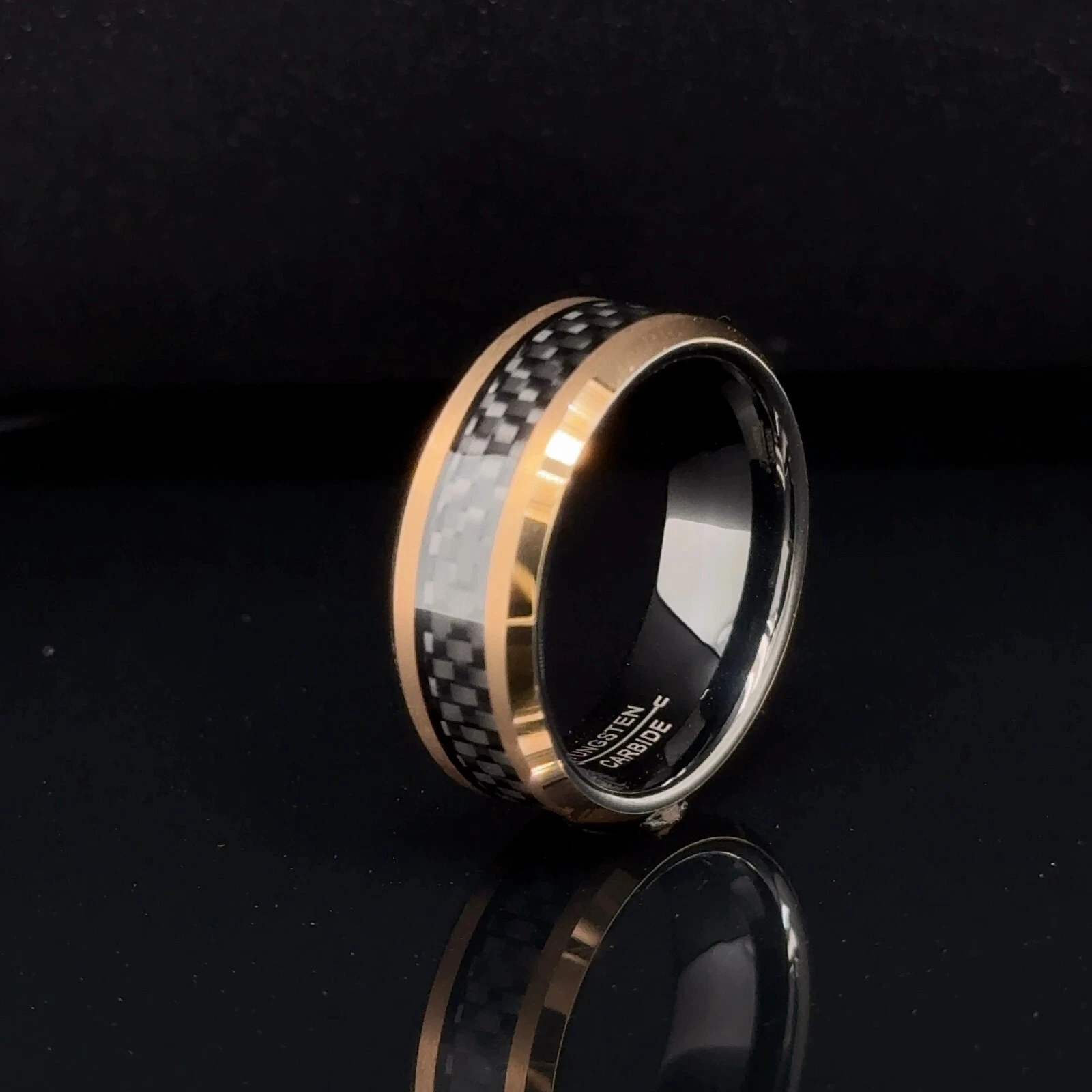 Rose Gold & Black Carbon Fiber Inlay Band 8mm Black Tungsten Unisex Style Ring