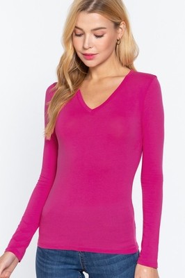 (Active USA) Long Sleeve Plain V-neck T-shirts Cotton/Spandex Junior Size (S-2X)