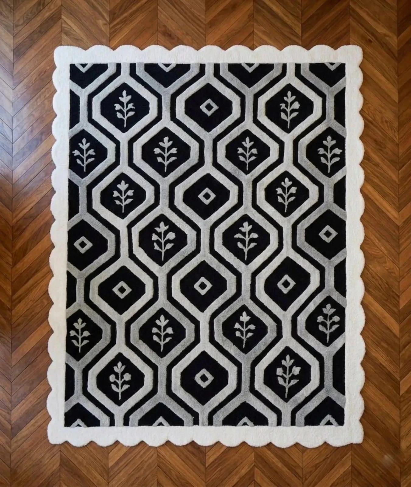 Alfombra geométrica negra y blanca, alfombra acolchada a mano, alfombra minimalista moderna 8x10|