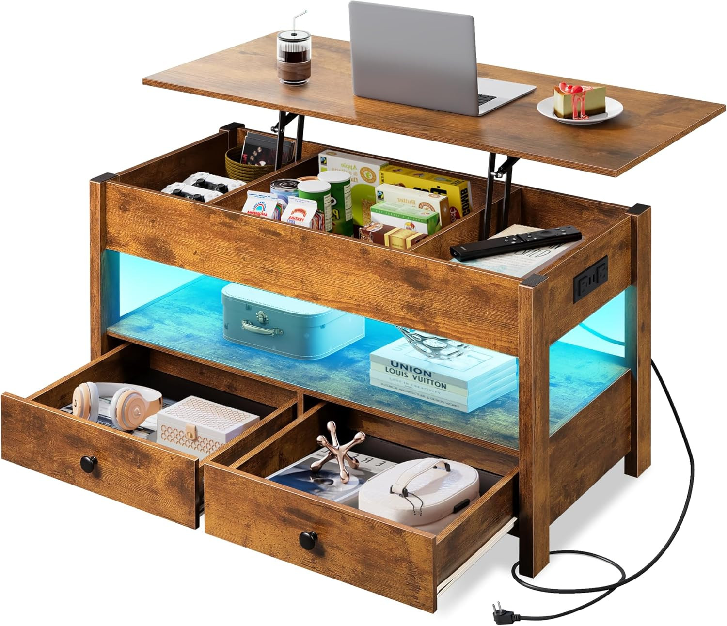 Coffee Table, Lift Top Coffee Table with 2 Drawers, LED Light, Large Storage And-image