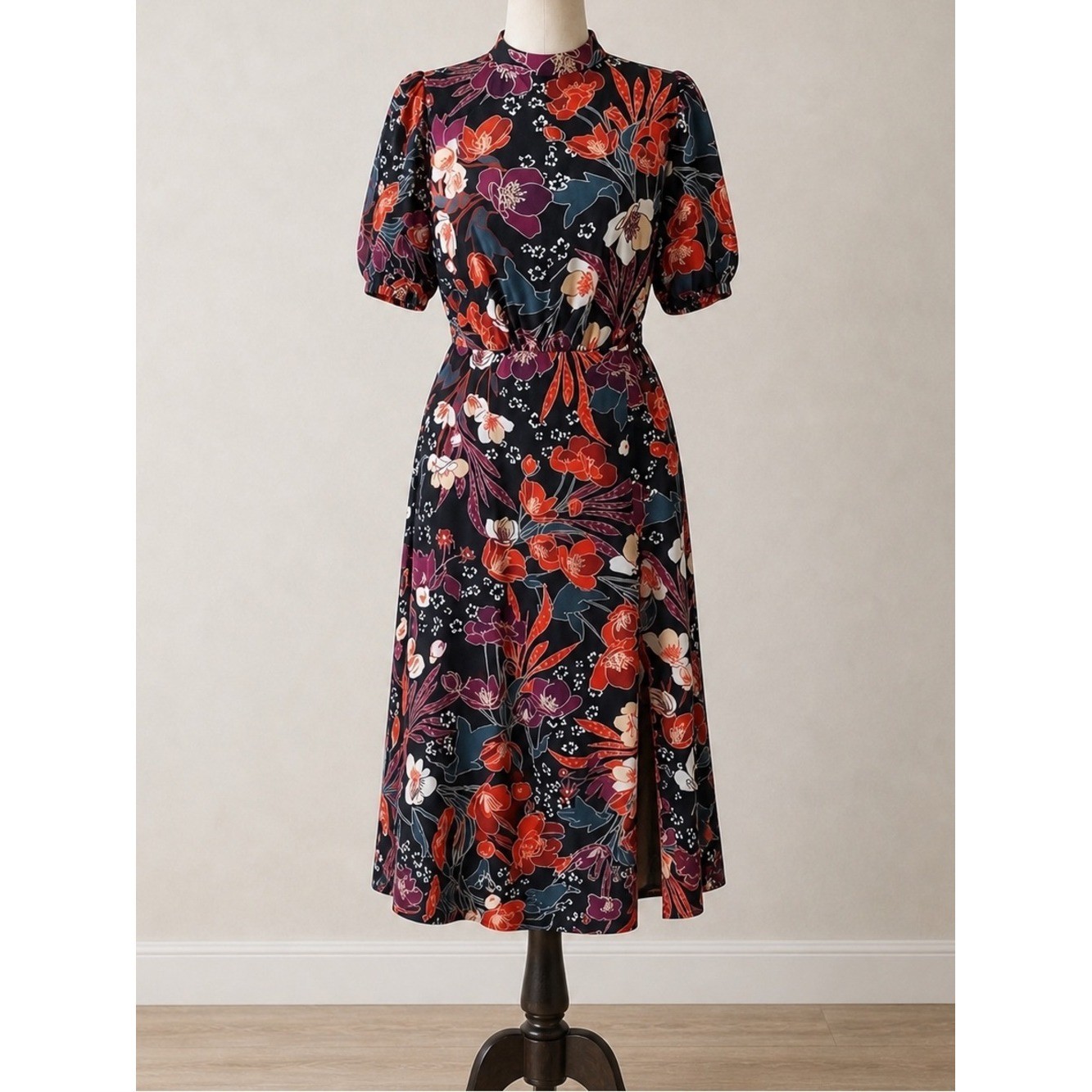 JULIA JORDAN Dark Floral Midi Dress 10 Black Puff Sleeve Office Party Wedding
