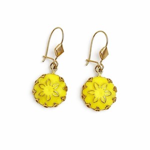 Authentic Vintage Yellow Glass Flower Drop Earrings Gold Plated Ear Wires Cottagecore