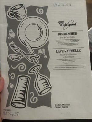 Whirlpool Dishwasher Manual Models DP840/860