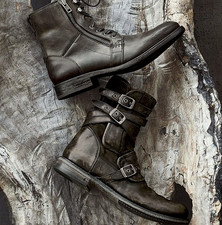New Men Round Toe Buckle Strap Zip Side Chunky Heeled Western Cowboy Ankle Boots