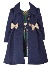 OOPS! NEW Bonnie Jean Girl Size 2T/3T "NAVY GREEN PLAID" Jacquard Coat Dress Set