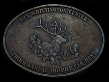 TH15113 VINTAGE 1980s  NRA  WHITTINGTON CENTER TROPHY ELK HUNT BELT BUCKLE