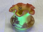 Vintage Fenton Burmese Uranium Glass Ruffled 5" Vase Hand-painted UV Sue Foster