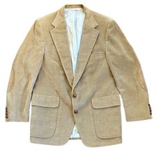 Vintage Lands  End Corduroy Jacket Mens 44R Tan Leather Patches Blazer Field USA