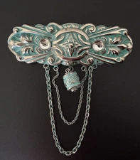 Victorian Revival Style Turquoise Blue Green Enamel Chatelaine Brooch Silver