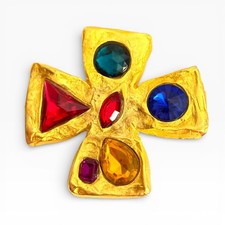 Don-Lin Maltese Cross Brooch Multi Color Acrylic Rhinestone Signed Vintage 80s