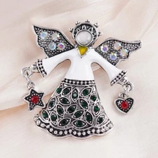 Vintage Winged Angel Brooch Heart Star Pendant Enamel Rhinestone Pin Gift