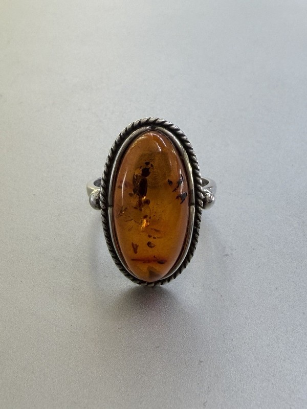 VINTAGE STERLING SILVER 925 AMBER OVAL RING - SIZE 6.75