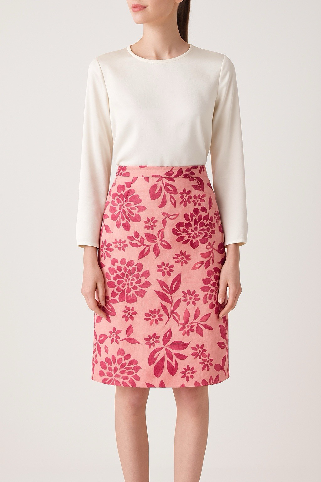 Vintage Style Pink & Fuchsia Floral Cotton Pencil Skirt – Size 6 100% Cotton