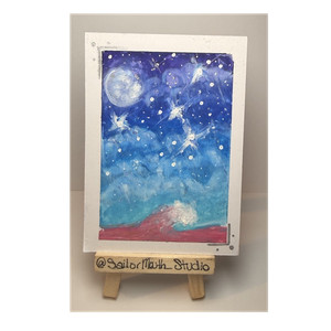 Original ACEO “Pastel Sky” Oil Pastels Abstract Sky Moon Stars Wave Art Handmade