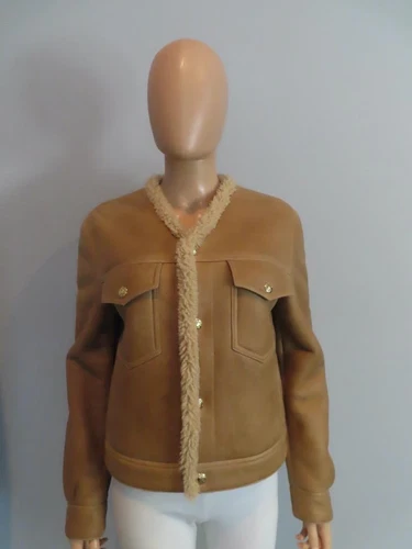 Giacca camionista corta in pelle di agnello riccia Celine Cognac nuova con etichette taglia F 34 US 2