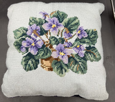 Vintage Purple Violet Flower Floral Needlepoint Light Blue Throw Pillow 11"