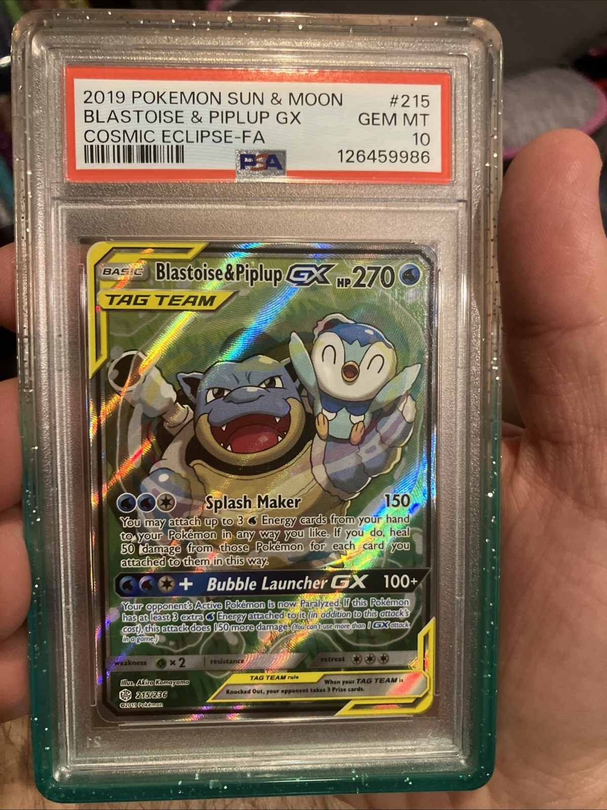 Pokemon 2019 SM Cosmic Eclipse 215/236 Blastoise & Piplup GX Alt Art PSA 10