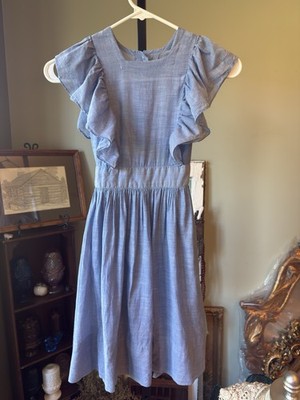 HOMEMADE GIRLS CHAMBRAY RUFFLED SLEEVE SMOCK BODICE APRON DRESS VTG APPAREL