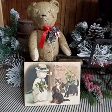 ADORABLE PRIMITIVE VICTORIAN VINTAGE STYLE CHRISTMAS SNOWMAN CATS CANVAS SIGN