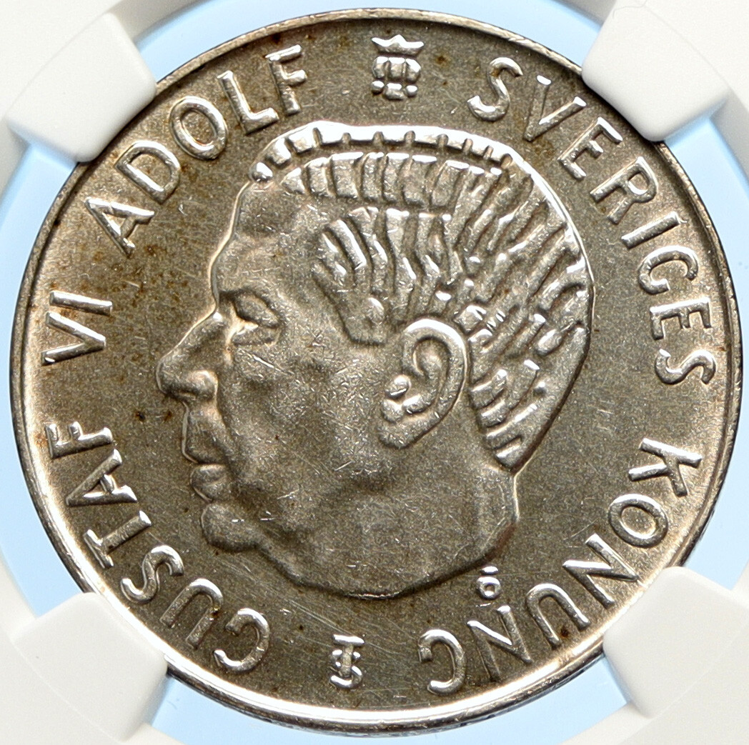 1955 Sweden KING GUSTAF VI Crowned ARMS Vintage Silver 5 Kroner