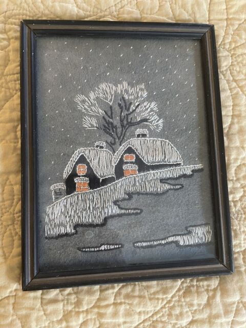 Vintage Small Winter Landscape Framed Embroidery Houses Snow Trees FREE SHIPPING