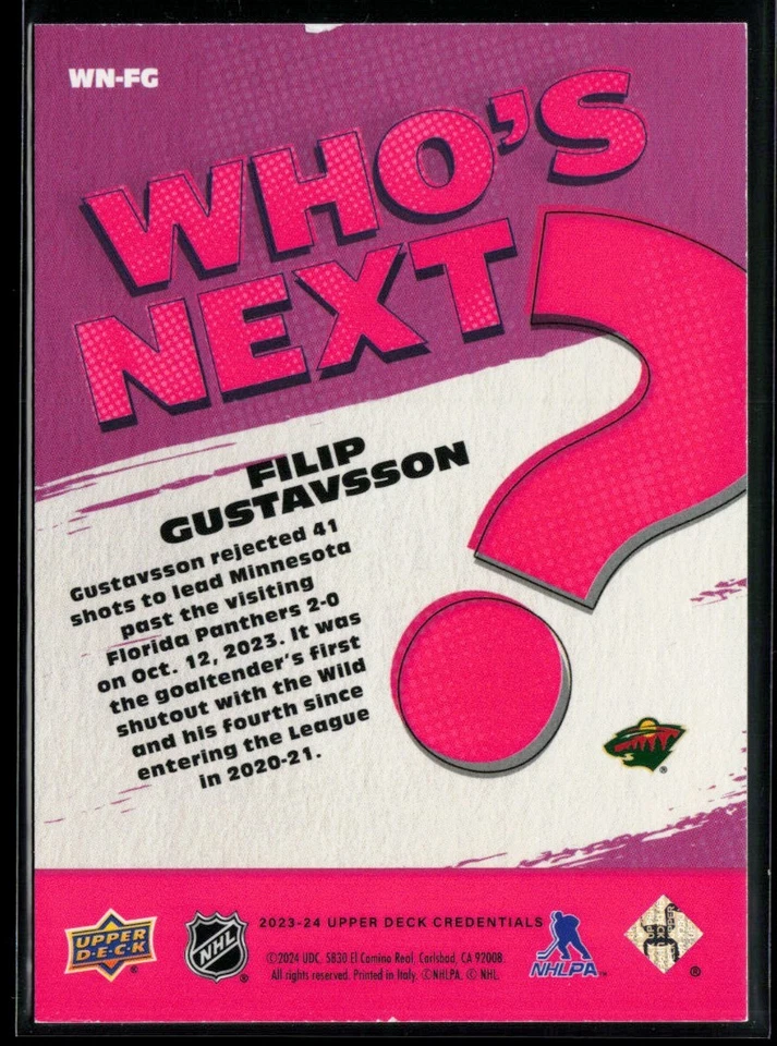 2023-24 Upper Deck Credentials Who's Next #WN-FG Filip Gustavsson - Image 2 of 2