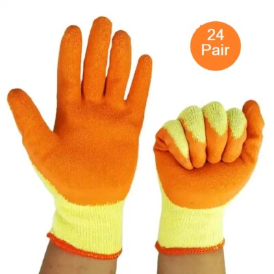 24 PAAR LATEXBESCHICHTETE ORANGE GUMMI SICHERHEIT ARBEITSHANDSCHUHE HERREN BAUER GARTENARBEIT