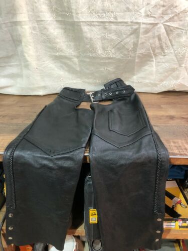 Hudson GENUINE LEATHER Motorcycle Chaps XS  Biker Black Riding Pants - Picture 1 of 5