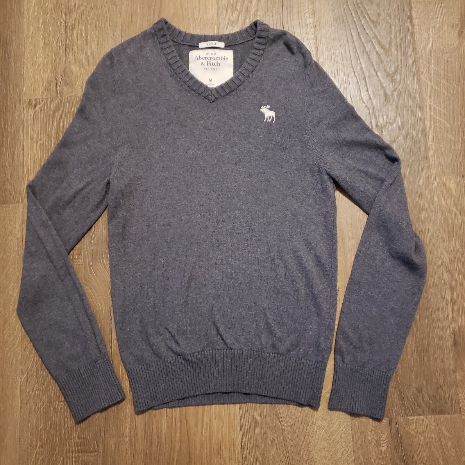 Abercrombie Fitch Sweater Medium V Neck Muscle Cotton Cashmere Gray Mens