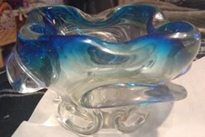 Mid Century Modern Venetian Aqua Blue And Clear Hand Blown Murano Art Glass 